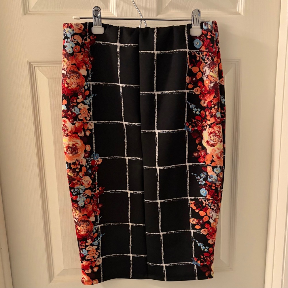 Material Girl Floral Pencil Skirt Black Red Blue Mesh Back Sleeveless XL EUC